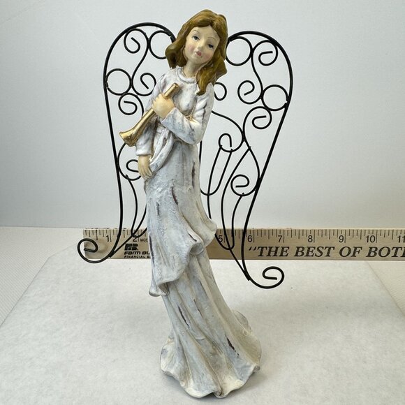 Vintage Rustic White Christmas Angel Figurine With Metal Wings Gold Trumpet 11" - Picture 9 of 10